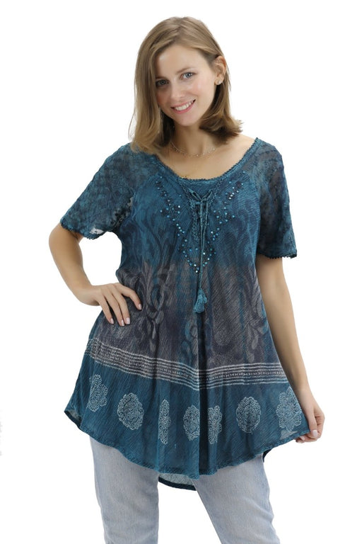 Batik Print Tie Dye Cap Sleeve Blouse 17877 - Advance Apparels Wholesale-Assorted-Free-17877AssortedFree